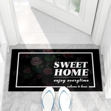 Imagem de Tapete de porta floral Welcome 40 x 75 cm, tapete preto antiderrapante com design rosa e estampa "Sweet Home", tapete de veludo macio para entrada interna, cabeceira, cozinha e varanda coberta