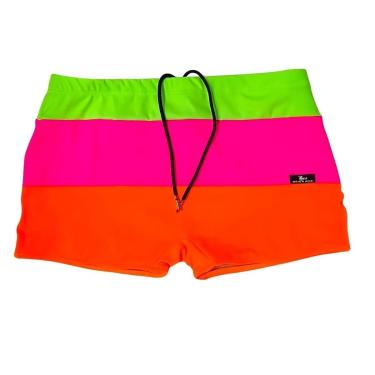 Imagem de Sunga Adulto Boxer Moda Praia Tricolor Verde Rosa e Laranja Neon Proteção UV-Masculino