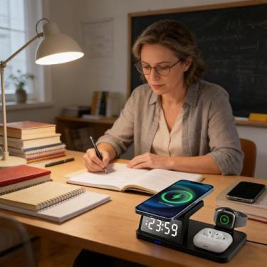 Imagem de Base de Carregamento para Mesa de Cabeceira,4 Em 1 Carregamento Rapido Sem Fio Para Varios Dispositivos Inteligentes,Carregador com Despertador | para Escritórios, RV, Acampamento, Viagem, Trabalho e