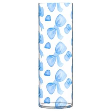 Imagem de CEBUGI Vaso de flores com laço azul, 10 x 30 cm, vaso cilíndrico para flores, vaso transparente inquebrável para festa de casamento, decoração de casa