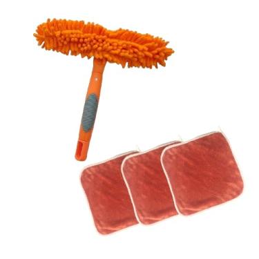 Imagem de Kit de limpeza de 4 peças, escova de vidro laranja dupla face 2 em 1 e 3 toalhas absorventes ferramenta de limpeza de carro e casa, raspador de rodo de banheiro seguro para vidro, azulejos