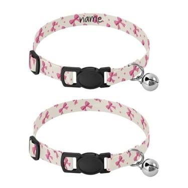 Imagem de SEHANY Conjunto de 2 coleiras de cachorro com laço rosa fofo, fivela de plástico resistente, leve, macia e leve, com sino pequeno, coleiras personalizadas com nome de animal de estimação para meninos