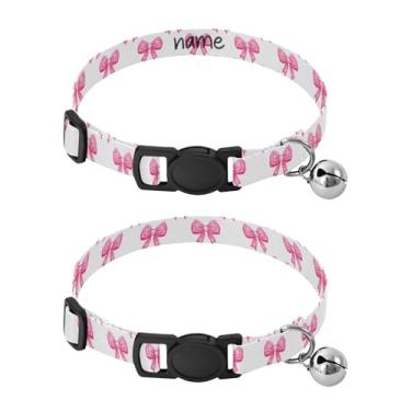 Imagem de SEHANY Conjunto de 2 coleiras de cachorro com laço rosa fofo, fivela de plástico resistente, leve, macia e leve, com sino pequeno, coleiras personalizadas com nome de animal de estimação para meninos