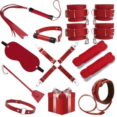 Imagem de Kit BDSM 12 Peças em Couro Sintético, Preto, Bondage Fetiche com Chicote, Mordaça, Algemas, Coleira, Chibata, Cordas Shibari, Venda (Vermelho, Unico)