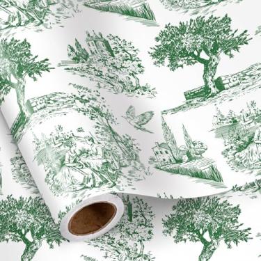 Imagem de RUSPEPA Rolo de papel de embrulho verde para vaso sanitário, mini rolo, verde e branco, design de paisagem campestre e paisagem rural, embrulho vintage para aniversário, casamento, Natal, primavera