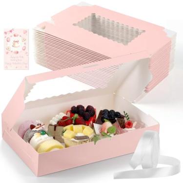 Imagem de Gandeer 20 caixas de padaria rosa dos namorados, caixas de biscoito e bolo de 30 x 20 cm com janela ondulada transparente, inclui cartões de dia dos namorados fita branca embalagem de presente