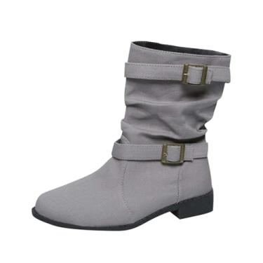 Imagem de Bota feminina jeans com fivela e salto grosso, bico redondo, cano baixo, para outono e inverno, Cinza, 39