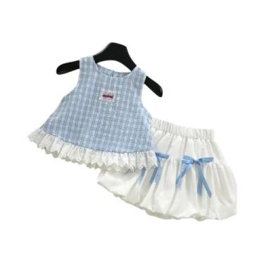 Imagem de Conjunto De Top Sem Mangas Em Xadrez Com Renda E Shorts Com Laço Para 