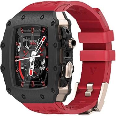Imagem de BUDAY Kit de modificação de liga de borracha para Apple Watch Band 8 7 45mm Luxury Upgrade Aço Inoxidável Pulseira de Caixa Masculina, Para IWatch Series 6 5 4 SE 44mm (Cor: B-RG-vermelho, Tamanho: 45mm)