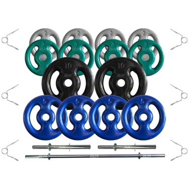 Imagem de Kit Anilhas Emborrachadas 60 Kg + Barras com Presilhas-Unissex