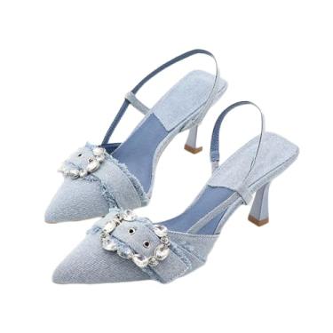 Imagem de BOTRENT Sandálias femininas de salto gatinho de tecido jeans com strass na moda, bico fino, sem cadarço, salto baixo, para festa de casamento à noite, Azul, 36