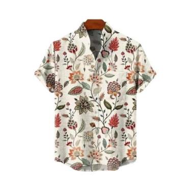 Imagem de Camisa Masculina De Linho Estampada Com Arte Florestal, Manga Curta, C