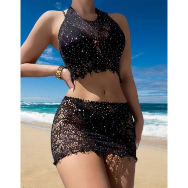 Imagem de Conjunto de Top de Alça e Saia Reta Cor Preto Brilho Praia