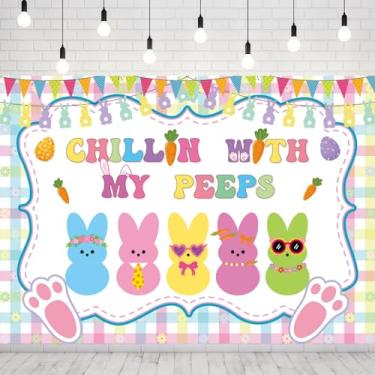 Imagem de INRUI Chillin with My Peeps Pano de fundo fotográfico primavera feliz coelhinho da Páscoa ovos decoração festa galinha banner (20 x 1,8 m)
