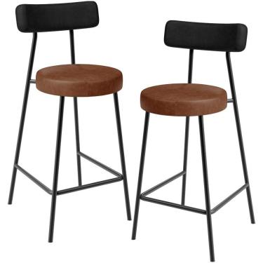 Imagem de Kit 02 Banquetas Baixa Cozinha Sala Jantar Bancada Milão L02 Couríssimo Preto Marrom