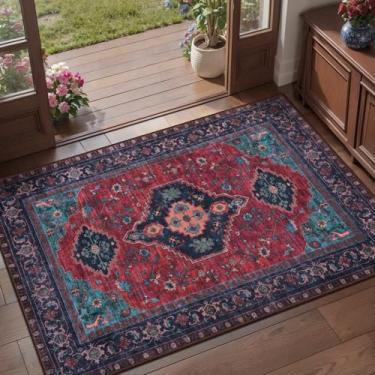 Imagem de Tangsoo Tapetes de entrada laváveis 5 x 7 cm vintage antiderrapante para área pequena, tapete para porta da frente interna, tapete de porta envelhecido impresso entrada interna macio tapete baixo para