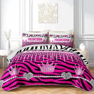 Imagem de QOOMO Conjunto de colcha com listras de zebra, tamanho casal/queen, conjunto de colcha com estampa de coração, rosa, 3 peças, conjunto de cama com 2 fronhas, macio e leve, para todas as estações