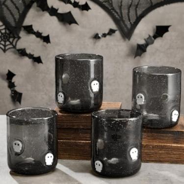 Imagem de Widecook Conjunto de copos de suco de Halloween com ícone de 4 peças - Crânio preto sem haste bebendo, vinho, água, copo de café a granel para outono, férias, aniversário - Artigos de festa e presente