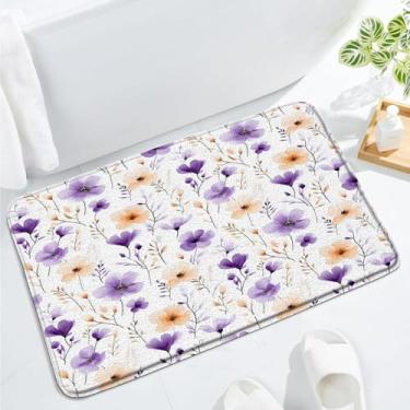 Imagem de JWJAMM Tapete de banho floral boho roxo bege creme branco aquarela folhas de flores casa de fazenda moderno minimalista chique elegante banheiro cozinha tapete de espuma de memória, 43 x 74 cm