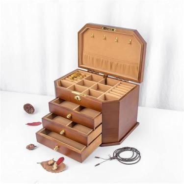Imagem de Organizador de joias de madeira vintage grande - Estojo de armazenamento de 3 gavetas para anéis, colares, brincos - Cor de madeira natural, presente elegante para decoração de casa para mulheres