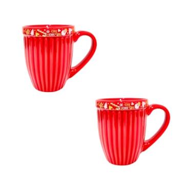 Imagem de Kit de 2 Canecas de Cerâmica 390ml 2ª Linha - Tema Natal Feliz, Ideal para Presente e Uso Doméstico (Vermelha e Dourada)