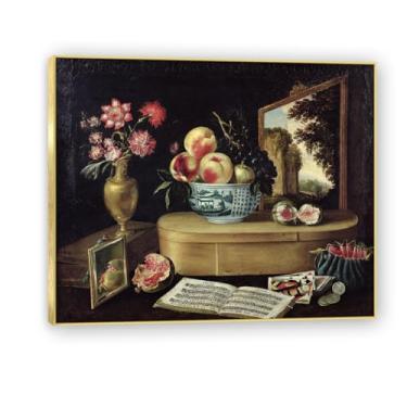 Imagem de NHLDZYH Moldura dourada. Tela de frutas botânicas vintage, impressão de estilo de pintura a óleo vintage, decoração de jantar country de fazenda, pronta para pendurar. A16. 80 x 96 cm.