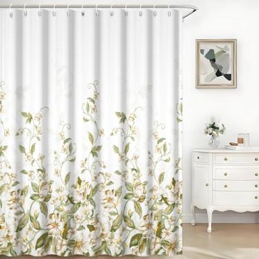Imagem de TTQYFNM Cortina de chuveiro com padrão de videira floral branca primavera flores desabrochando folhas verdes plantas cortina de banheiro banheira decoração de casa lavável tecido impermeável cortinas