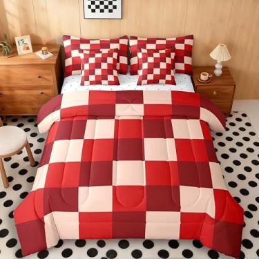 Imagem de jejeloiu Jogo de cama quadriculado quadriculado, 7 peças, solteiro, clássico, xadrez, com lençol para meninos e meninas, vermelho escuro claro em uma bolsa, macio, leve, microfibra
