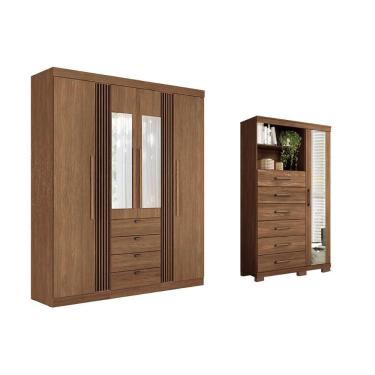 Imagem de Guarda Roupa e Cômoda Casal Kit QC282 4 Portas de Bater 4 Gavetas em MDP com Espelho Ja...