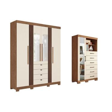Imagem de Guarda Roupa Cômoda Kit Casal QC274 4 Portas de Bater 4 Gavetas MDP com Espelho Jatobá...