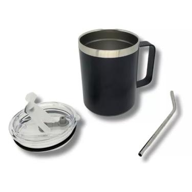Imagem de Caneca Térmica com Tampa e Canudo, Preta com Acabamento Prateado, Inclui Tampa Transparente e Canudo de Metal