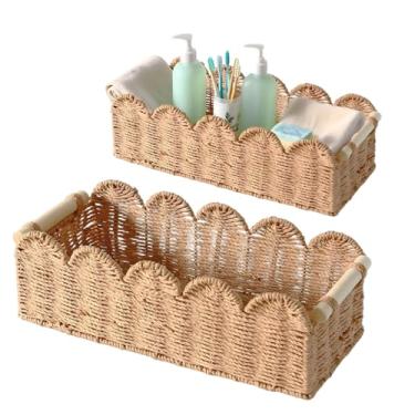 Imagem de Quincry Cesta organizadora de borda recortada para vaso sanitário com alça de madeira, armazenamento de vime acima atrás do vaso sanitário, corda de papel tecida à mão na parte traseira da bandeja de