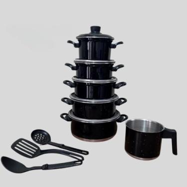 Imagem de Jogo de Panelas com Leiteira + Jogo de Talheres Resistente - 5 Peças Completas, Prático para Cozinhas Domésticas e Preparos Diários (Preto)
