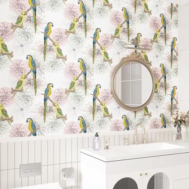 Imagem de EPPKILY Papel de parede floral rosa descasque e cole papel de parede pássaro vintage azul/verde papagaio papel de contato autoadesivo chinês para paredes quarto casa DIY inquilino amigável 44,5 x