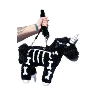 Imagem de Mochila Unicórnio Punk Escuro Rosa De Pelúcia Com Esqueleto De Cavalo 