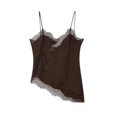 Imagem de Camisola Feminina De Cetim Com Renda, Decote V, Alça Fina, Costas Aber