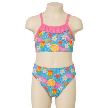 Imagem de Biquíni Infantil Estampado Tropical com Alça Rosa e Babado - anjo da m