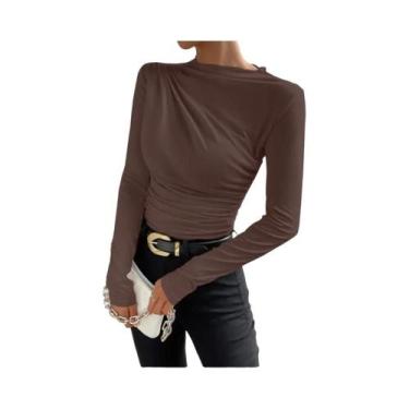 Imagem de Camiseta Cropped Feminina De Manga Longa Branca Básica Com Decote Assi