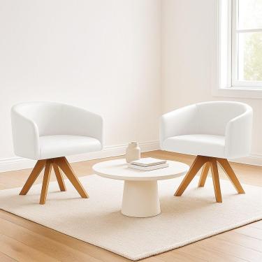 Imagem de Poltrona Sala Base Giratória Madeira Kit 2 Arielle Sintético Branco D03 - D'rossi