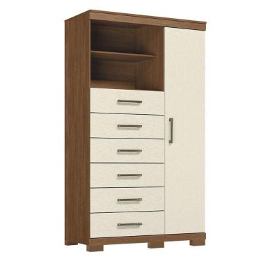 Imagem de Comoda 1 Porta 6 Gavetas Marabá Com Pés Jatobá Areia Acetinado - Santos Andirá