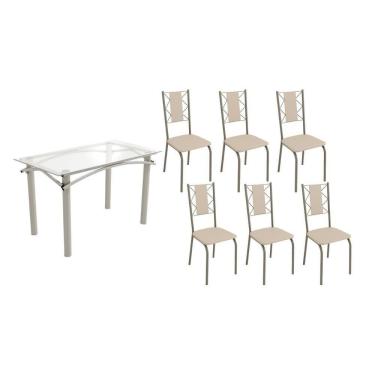 Imagem de Conjunto: Mesa Sala Jantar Elba C- Tampo De Vidro 120cm E 6 Cadeiras Lisboa Niquel - Courano Bege - Kappesberg