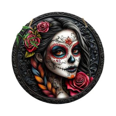 Imagem de Placas Decorativas Circulares De Madeira Com Temas Florais E De Morte 