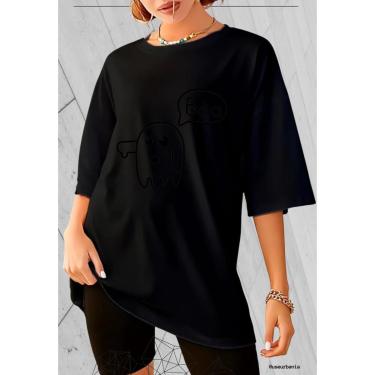 Imagem de Camiseta Oversized Feminina 100 Algodão Gola Redonda Estampa Boo Fantasma Streetwear-Feminino