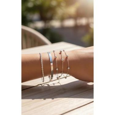 Imagem de Pulseira Feminina Cordão Baiano Bolinhas Prata 925 22cm - Congratulati