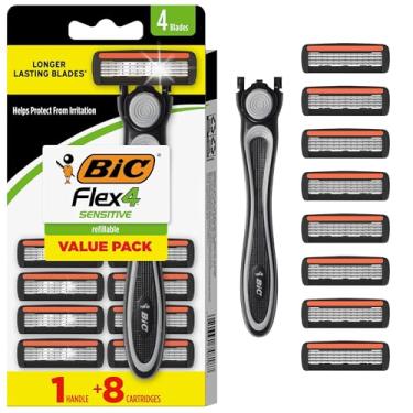 Imagem de BIC Flex 4 lâminas recarregáveis para homens, lâminas descartáveis de longa duração com 4 lâminas para pele sensível, 1 alça e 8 cartuchos, kit de barbear com 9 peças