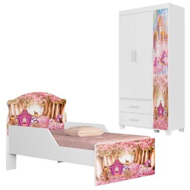 Imagem de Guarda Roupa Infantil 3 Portas 2 Gavetas e Mini Cama Infantil 153x79 MDF Livia Decmade