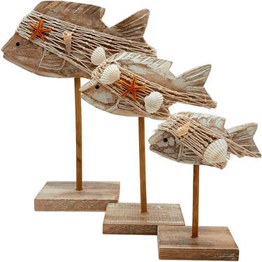 Imagem de Enfeite Decorativo Decoração de Praia Kit 3 Peixes em Pedestal com Pintura Artesanal Marrom Outras Marcas