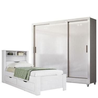 Imagem de Cama Solteiro com Gavetas Invicta com Guarda Roupa Italia Branco Brilh