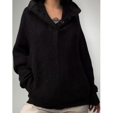 Imagem de N1102-Blusa Casaco Tricô Frio Capuz Feminina Inverno Preta 246r - Xumi