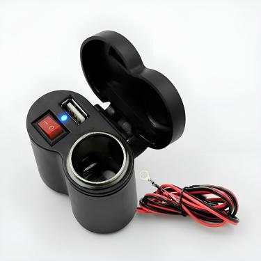Imagem de Tomada Usb para Moto 12V com Acendedor de Cigarro e Carregador 5V 2A Preto com Chave e Fusível GXM